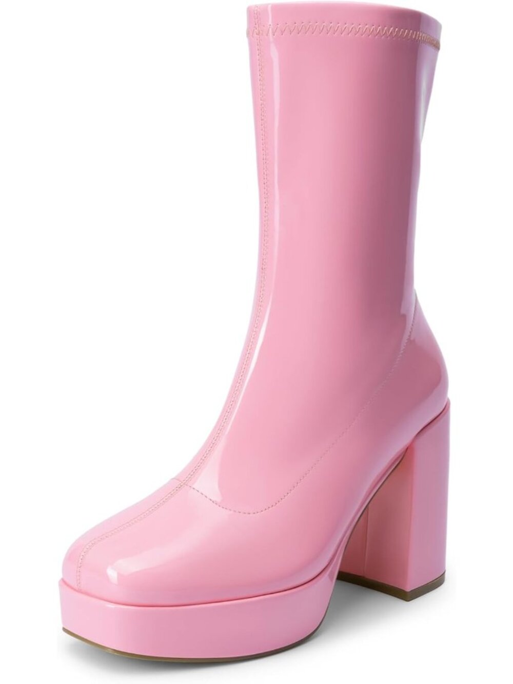 DREAM PAIRS Womens Pink Square Toe High Chunky Mid Calf Gogo Platform Boot Shoes
